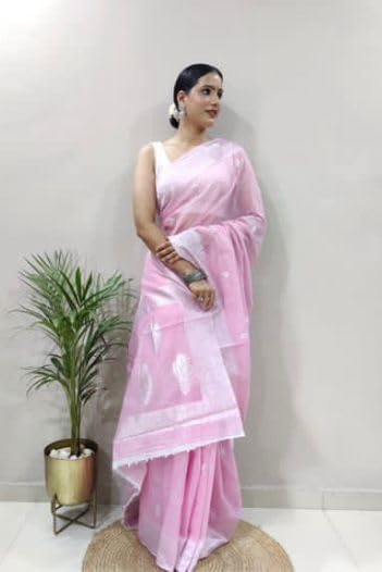 Image of Banarasi soft Cotton-Silk Saree with Unstitched Blouse - Graceful Design for Special Occasions, Weddings & Festivals
