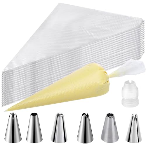 Piping Bags and Tips Set, Cake Decorating Kit Supplies with 100Pcs 12 Inch Pastry Piping Bags 1 Standard Couplers 6 Piping Tips, Pastry Decor Tools for Cupcakes Fit Professional Baking Lover
