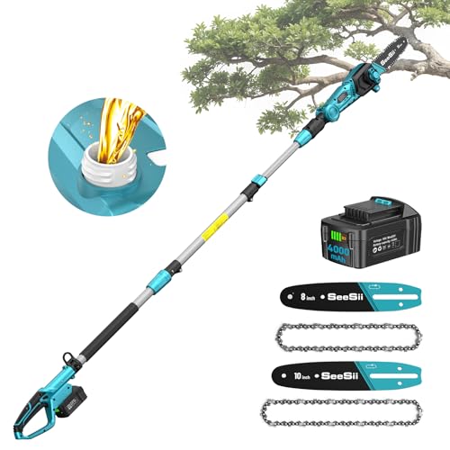 Seesii 8&10-Inch Electric Pole Saw: 15ft Long Reach Coldless Chainsaw with Telescopic Pole, 4Ah Battery, Auto-Oiling, Tool-Free Adjustment, Pruning Saw for Wood Cutting and Tree Trimming