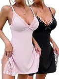 CHICME Women 2-Pack Babydoll Lingerie Lace Trim Side Slit Modal Cami Sleep Dress Loungewear Cute Night Gowns for Women Pink+Black-M