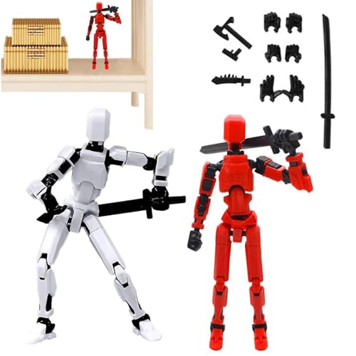 jiejack 2 Stück 3D-gedruckte Actionfigur Multi-Jointed Robot T13 – 13 bewegliche Gelenke, voll artikuliert – Mit 4 Waffen & 3 austauschbaren Händen (Weiß/Rot) – Roboter-Sammlerfigur
