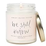 Sweet Water Decor, Be Still and Know, Sea Salt, Jasmine, Cream, and Wood Scented Soy Wax Candle for Home - Christian Candle Gifts for Women - 9oz Clear Jar, 40 Hour Burn Time, Made in the USA