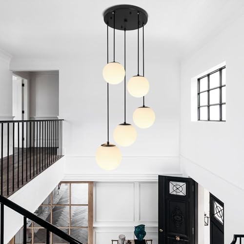 Image of Globe Cluster Chandelier 5-Light, Black Modern Cluster Chandelier with Milk White Glass, Adjustable Globe Staircase Pendant Light for Kitchen Island Dining Room
