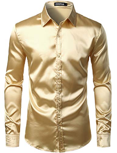 Image of ZEROYAA Men's Luxury Printed Silk Like Satin Button Down Dress Shirt for Party Prom
