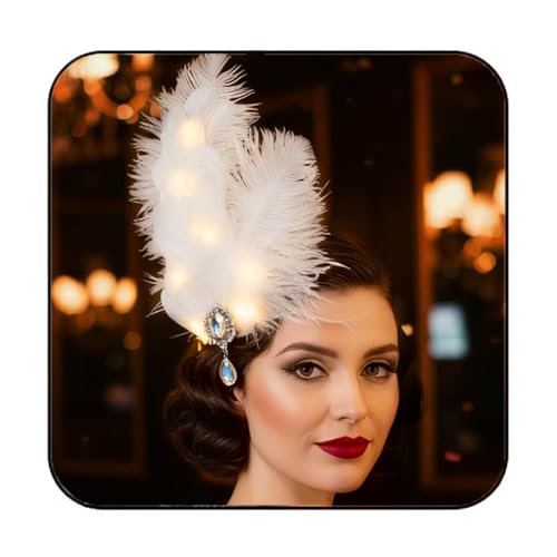 JAKAWIN Pinza para el cabello con plumas modelo 1920 Flapper con iluminación LED para carnaval y fiestas miniatura 1