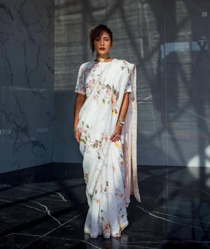 Image of C J Enterprise Women's Pure Soft Cotton Saree Linen For Silk Sarees Party Design Wear Kalamkari Wedding Sadi With Blouse Piece Sari South Mulmul ikkat Mul Print 2025 New (Baby Cut White)
