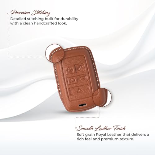 Image of Keyzone Royal Leather Key Cover for XF XJ XE F-PACE F-Type Evoque Velar Discovery LR4 Sport 5 Button smart Key (Cognac Brown)