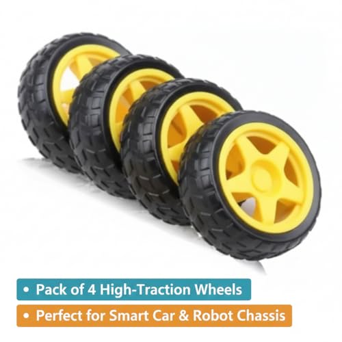 Image of 65 MM GEAR MOTOR TYRE /WHEEL, TYRE FOR TOY CAR, BO MOTOR, DC GEAR MOTOR TYRE, RUBBER TYRE, YELLOW WHEEL PACK OF 4