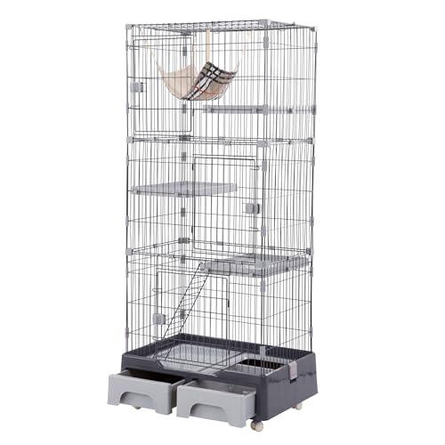 猫用キャットケージ トイレ付き ハンモック付き 収納可能 3段階調節可能 キャスター付き キャットハウス ネコ(グレー)