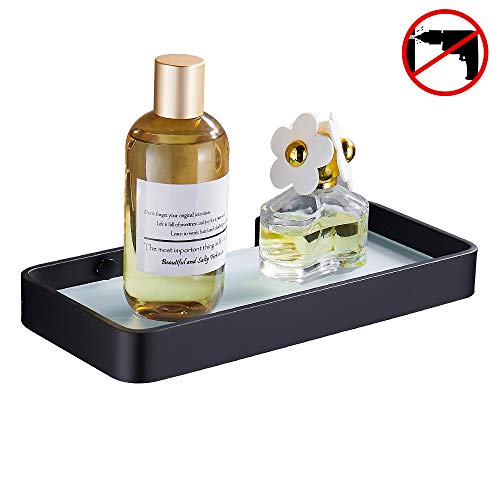 Hoomtaook Étagère De Douche en Verre Trempé Rectangulaire Organiseur Douche Rangement sans Clous, sans Dégâts, Auto-Adhésif, Aluminium Space, Panier Inoxydable pour Accessoires Cuisine Salle De Bains