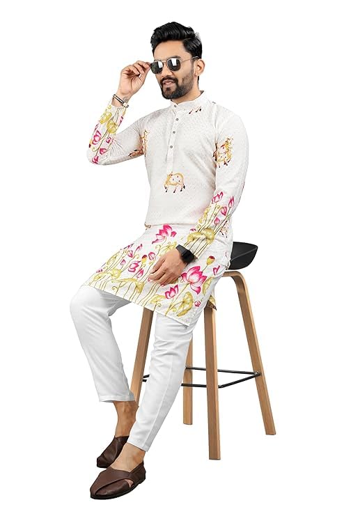 Image of Men's Cream Ethnic Kurta with Lotus Floral & Animal Print - Mandarin Collar, Full Sleeves, Festive & Casual Wear