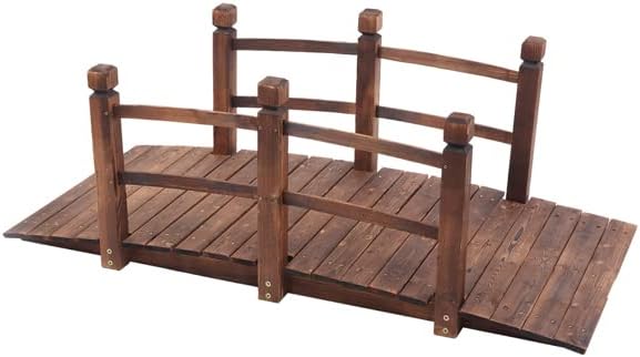 5 ft Carbonized Color Garden Bridge, Decorative Bridge Classic Wooden Arch with Safety Rails Stained Finished Footbridge, Decorative Pond Landscaping, Backyard, Creek or Farm 150x67x56cm