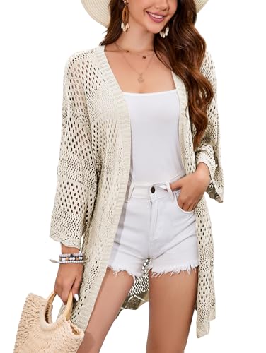 Famulily Womens Cute Crochet Knit Cardigan 3/4 Sleeve Hollow Out ...