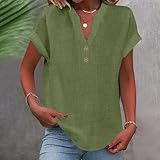 Yinguo Ladies Tops 2025 Women's Summer Cotton Linen Cap Sleeve T-Shirt Button V Neck Tunic Tops Fashion Baggy Solid Plain Shirts Trendy Blouse Army Green XL - Image 6