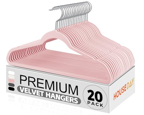 HOUSE DAY Kleiderbügel Samt 20 Stück, Kleiderbügel Platzsparend Filz Bügel -Rutschfester, Premium Schwarzer Anzugbügel, 360° Drehbarer Haken, Rosa
