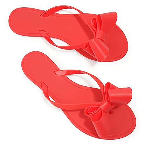 Image of TYFLOVE Women Rivet Flip Flops Studded Jelly Thong Sandals with Bow Summer Bowtie Flat Beach Rain Shoes