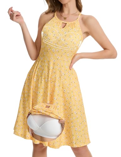 Image of JOYSHAPER Built in Bra Summer Dress Casual Beach Sundress Flowy Halter Dress with Pockets