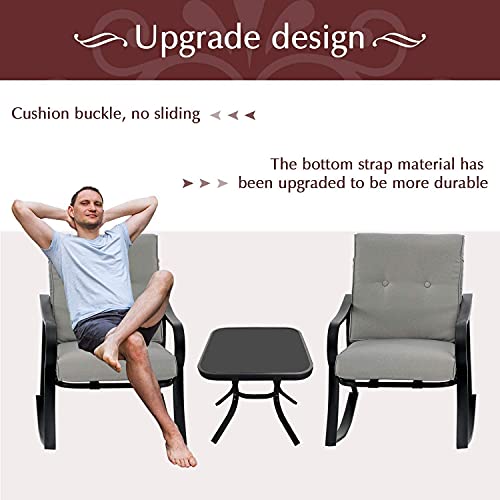 Betterland Outdoor 3-Piece Rocking Chairs Patio Bistro Sets, Glass-Top Coffee Table & Black Metal ​Patio Furniture with Thickened Cushions (Grey) - Thumbnail 4