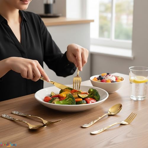 Image of Floral Gold 5 Pcs Stainless Steel Cutlery Set for Dining Table, Dishwasher Safe Glossy Flatware (1 Spoon Set+1 Forks Set+1 Butter Knife+1 Dessert Spoon+ 1 FruitFork)
