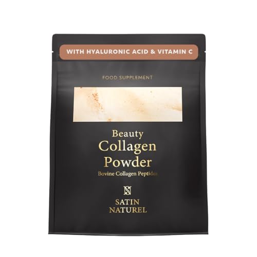 Satin Naturel Colageno en Polvo de Belleza 330g - Péptidos de Colageno Hidrolizado Puro Bovino Sin Sabor - Colágeno con Acido Hialuronico y Vitamina C para Articulaciones, Cabello, Piel y Uñas