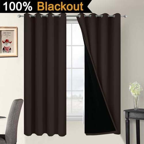Image of Yakamok Chocolate 100% Blackout Curtains 63 Inches Long 52 inch Wide 2 Panels | Blackout Curtain Panels for Bedroom, 2 Thick Layers Grommet Top Thermal Insulated Drapes with Black Liner for Living Room