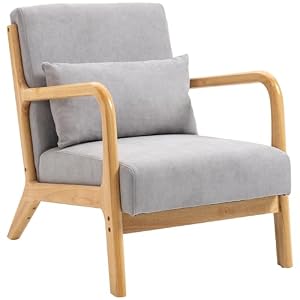 HOMCOM Modern Accent Chair with Wood Legs and Pillow, Upholstered Armchair for Living Room and Bedroom – Grey