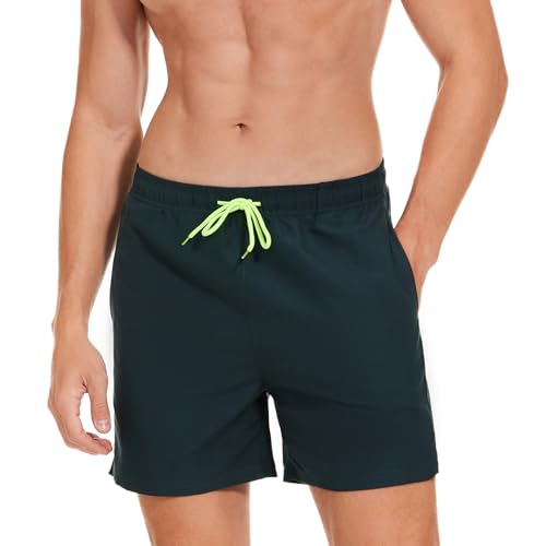 AMZSPORT Mens Swimming Trunks Waterproof Swim Shorts Mesh Lining Board Shorts with Pockets, Dark Green L