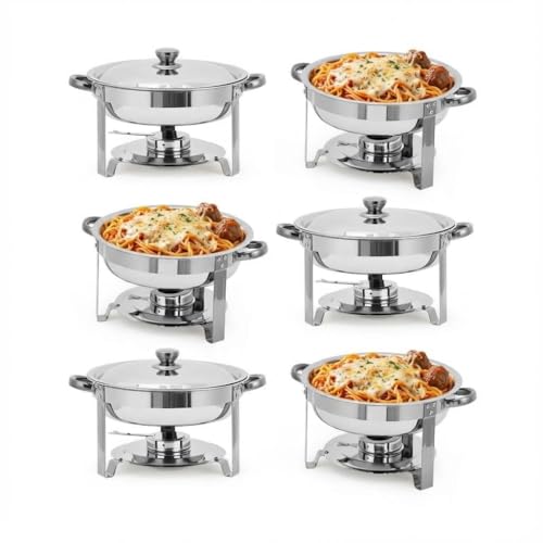 LinTimes 6-Piece Round Chafing Dish Buffet Set, Durable Stainless Steel Food Warmer with Lids & Water Pans, Portable Bain Marie Catering Equipment for Soups, Curries & Events
