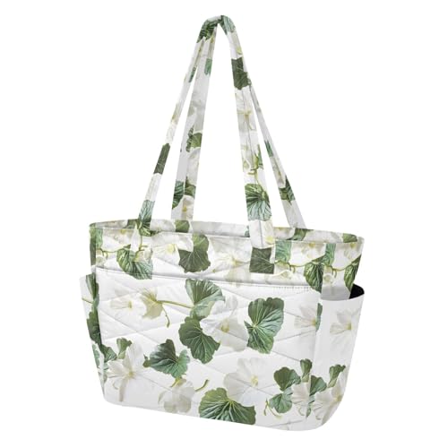 Sac fourre-tout pour femme blanc bégonia à feuilles vertes avec grand compartiment