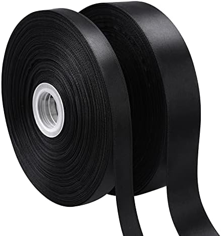 Livememory Black Satin Ribbon - 2 Rolls (15mm X 45m, 25mm X 45m) Double Sided Fabric Ribbons for Crafting, Gift Wrapping, DIY Sewing Project, Bows Making and Cake Decoration