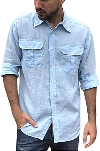 VEKDONE Men's Linen Shirts Casual Button Down Long Sleeve Cotton Curved Hem Summer Lightweight Plain Shirts with Pockets(Blue,X-Large)