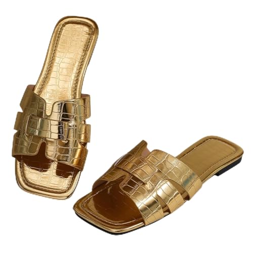 Image of Women's Dressy Casual Flat Sandals, Elegant Comfortable Slip-On Slides with Textured Upper, Versatile Dressy Style for Everyday Wear