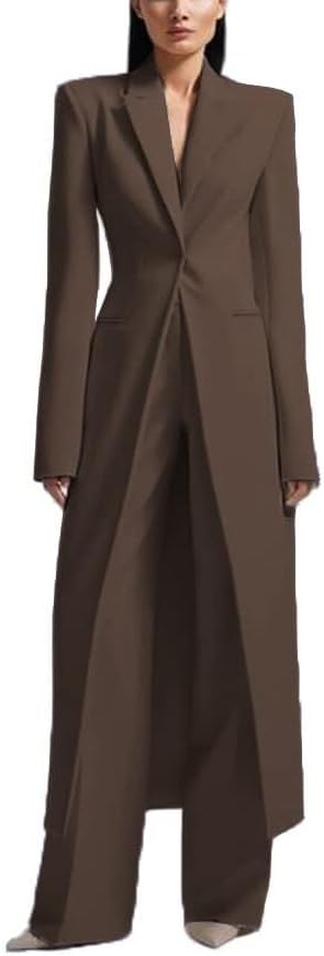 2 Piece Suit Set Fashion Women's One Button Long Suit Jacket Slim Fit Womens Pants Suits with Long Jacket