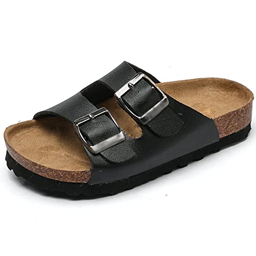Leodun Hausschuhe Kind, Kork Pantoletten Flache Sommerstrand Schlappen Drinnen Und Draußen Sandalen Mit Verstellbarer Rieme,Schwarz,25 Cover