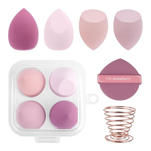 Lot de 4 Éponges Maquillage, Éponge Visage pour Fond de Teint, BB Crème, Correcteur et Poudre, avec Boîte de Rangement, Puff et Support