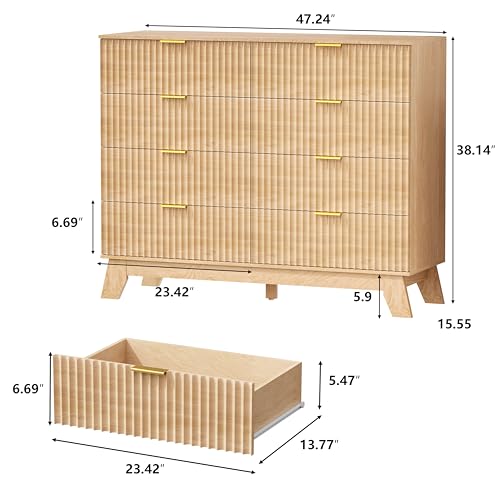 Image of HUANLEGO 48 inch W Tall Fluted Dresser for Bedroom with 8 Drawer, Oak | Mid Century Modern Dresser for Closet, Anti-Tipping Design, Wooden Dressers & Chest of Drawers for Living Room, Home Office