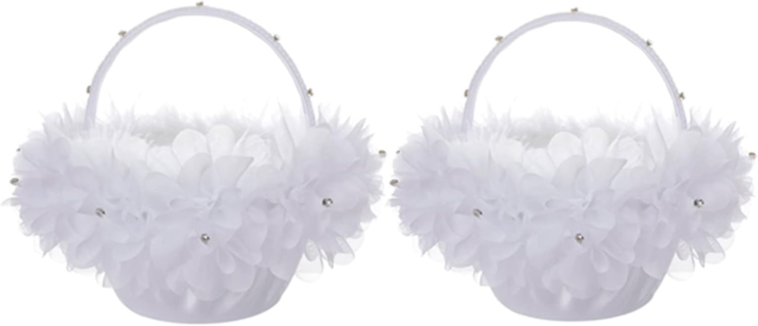2PC Flower Girl Baskets, White Satin Cloth Baskets with Faux Lace Flowers Decor for Wedding Ceremony Party Desktop Decor