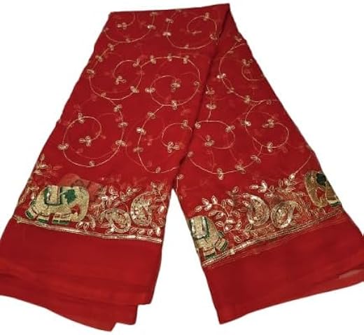 Ivora Red Net Embroidered Saree with Gold Zari Work &amp; Elephant Border