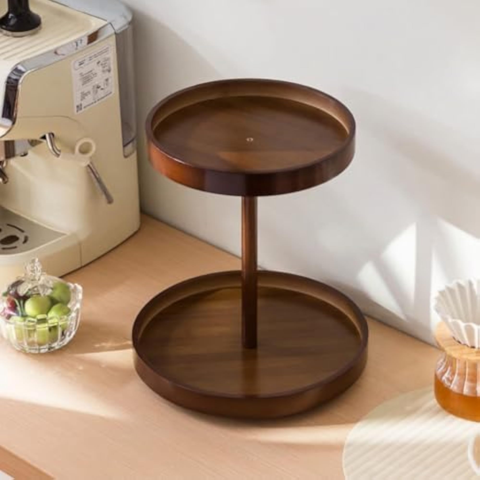 Rotating Wooden Organizer with Base, Round Makeup Tray