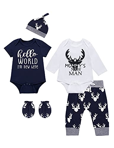 bakjuno Baby Boy Deer Theme Outfit Newborn Boy Hello World I'M New Here Clothes Mommy's New Man Shower Infant Hunting Romper Pants Set (Blue Deer, 0-3 Months)