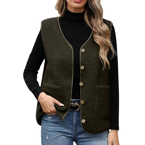 WOXIHUAN Teddy Fleece Gilet for Women V-Neck Button Down Vest Ladies Lightweight Cozy Waistcoat Sleeveless Autumn Winter Jacket Outdoor Winter Bodywarmer Solid Color Fuzzy Outerwear with Pockets