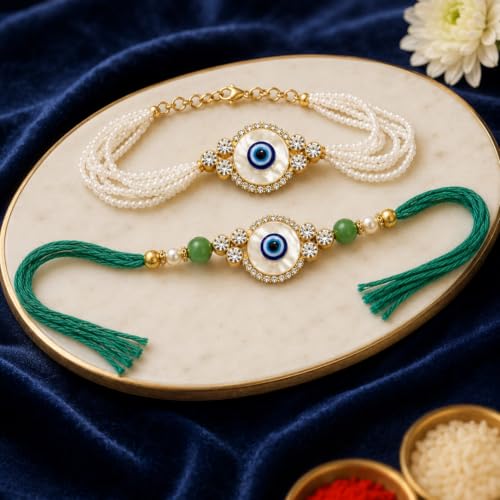 Image of CraftVatika Evil Eye Rakhi Set for Brother and Bhabhi, Premium Bhaiya Bhabhi Rakhi Gift Combo, Designer Bracelet Rakhis for Rakshabandhan, Couple Pair Raki, Fridge Magnet Gift with Card Tillak Set