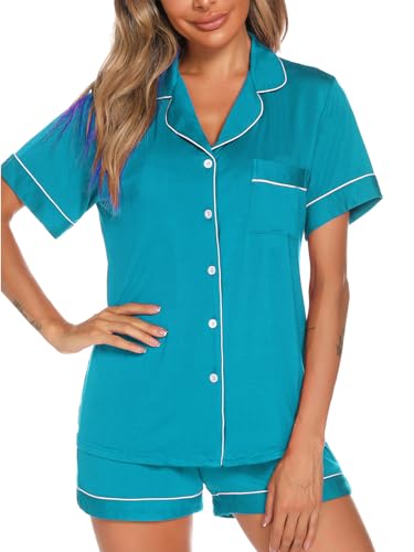 Image of Aamikast Button Up Pajama Set for Women Shorts Short Sleeve Knit Sleepwear 2 Pice Pjs Sets