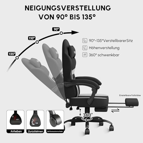 HapGIFT Silla Gaming Ergonómica Reclinable con Masajeador, Silla de Juegos con Reposacabezas y Reposapiés, Asiento Gaming Altura Ajustable, para Adultos, 150 kg, (Gris) - imagen 6