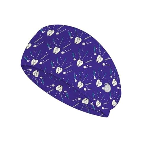 Gomyblomy Teeth Print Headband with Buttons for Mask for Nurse Dentists Elastic Wide Hair Bands Purple Nursing Headbands Non-Slip Soft Head Wraps for Women Men Cover