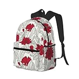 Buewutiry - Mochila de viaje para portátil para hombres y mujeres, diseño de hojas de anémona, color rojo y gris, mochila ligera con compartimento para laptop, mochila de viaje con correas de