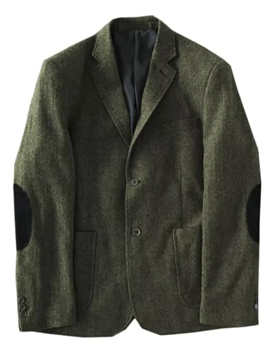 ONAXTDA Men's Slim Fit Elbow Patch Jacket Herringbone Tweed Single Breasted Wedding Prom Autumn Sport Coat Dark Green M