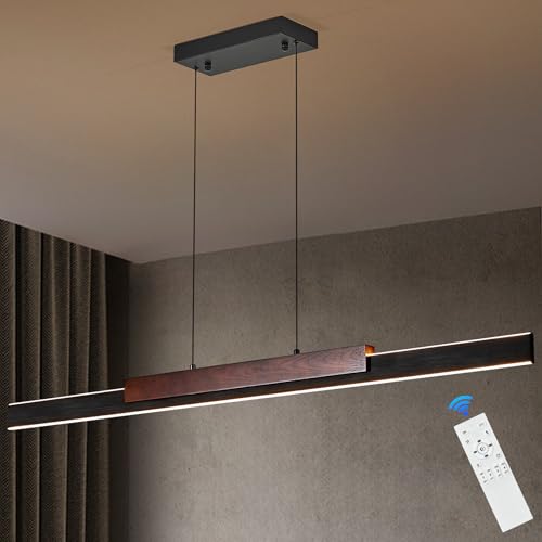 CaraLuxe Modern LED Linear Pendant Lights 52 inch LED Chandelier Lighting for Home Office Black and Wood Dining Room Hanging Light Fixture Modern Dimmable Kitchen Island Lighting