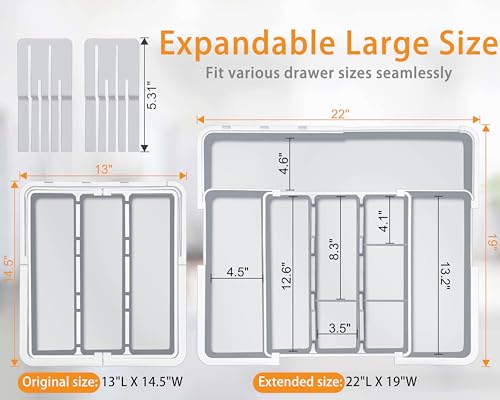 Large Utensil Drawer Organizer for Kitchen, Expandable Silverware Drawer Organizer Cooking Tray, Cutlery and Flatware Utensil Holder Kitchen Spatula Tools Storage with 3 Dividers, Grey