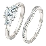 Wuziwen Three Stone Vintage Engagement Wedding Ring Set For Women Round CZ Sterling Silver Bridal Set Size 7